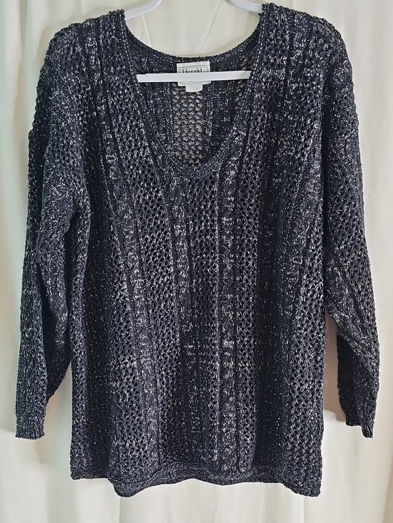 Herald House Sweaters - Herald House  Black Open-Knit V-Neck Sweater with Silver Threading